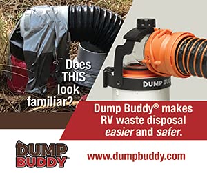 Dump Buddy next to ruler showing compact size benefit for RV storage