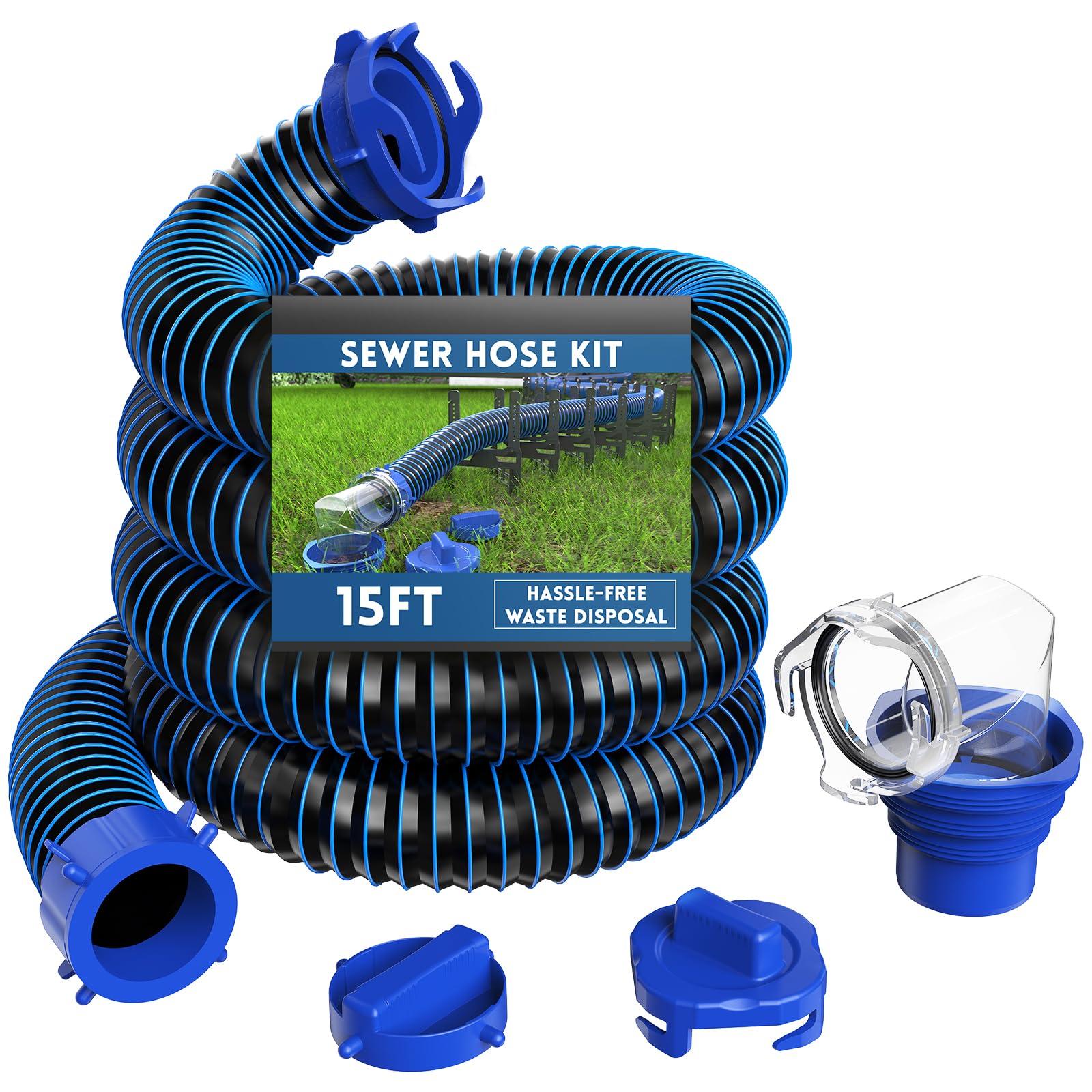 DUMPMAN front view of 15ft sewer hose kit showing contents and benefits