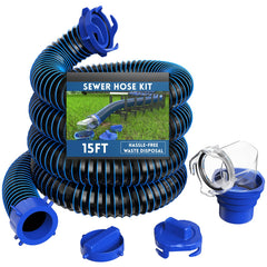 DUMPMAN front view of 15ft sewer hose kit showing contents and benefits