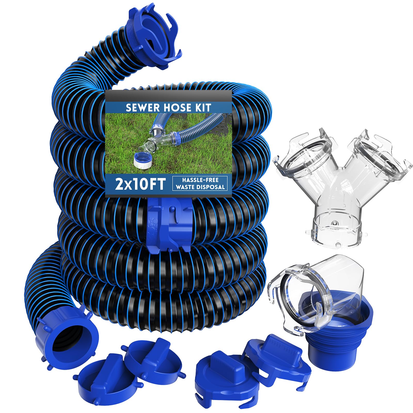DUMPMAN front packaging showing complete sewer hose kit and components for fast setup