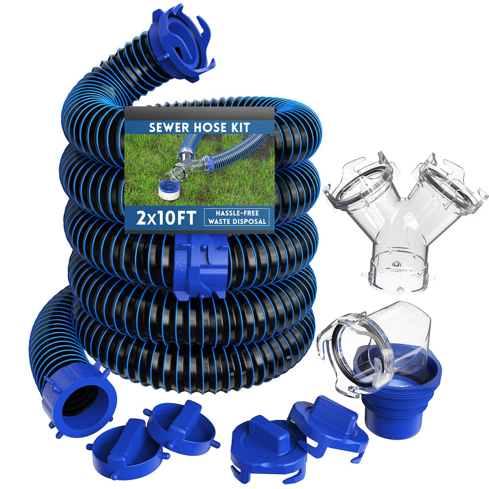 DUMPMAN front packaging showing complete sewer hose kit and components for fast setup