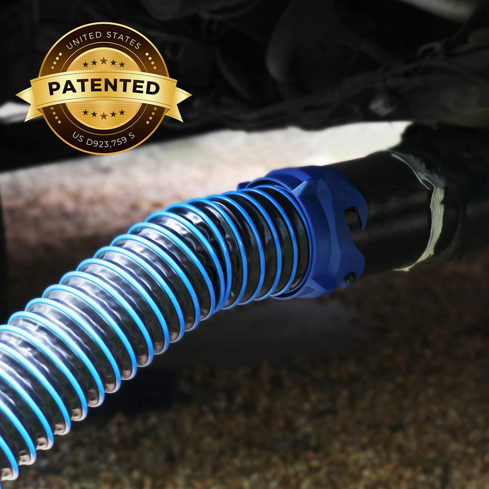 DUMPMAN hose connected to RV at campsite highlighting fast reliable hookup