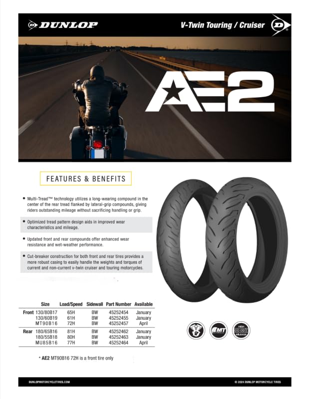 Dunlop AE2 sidewall label and markings showing size and load rating for safety