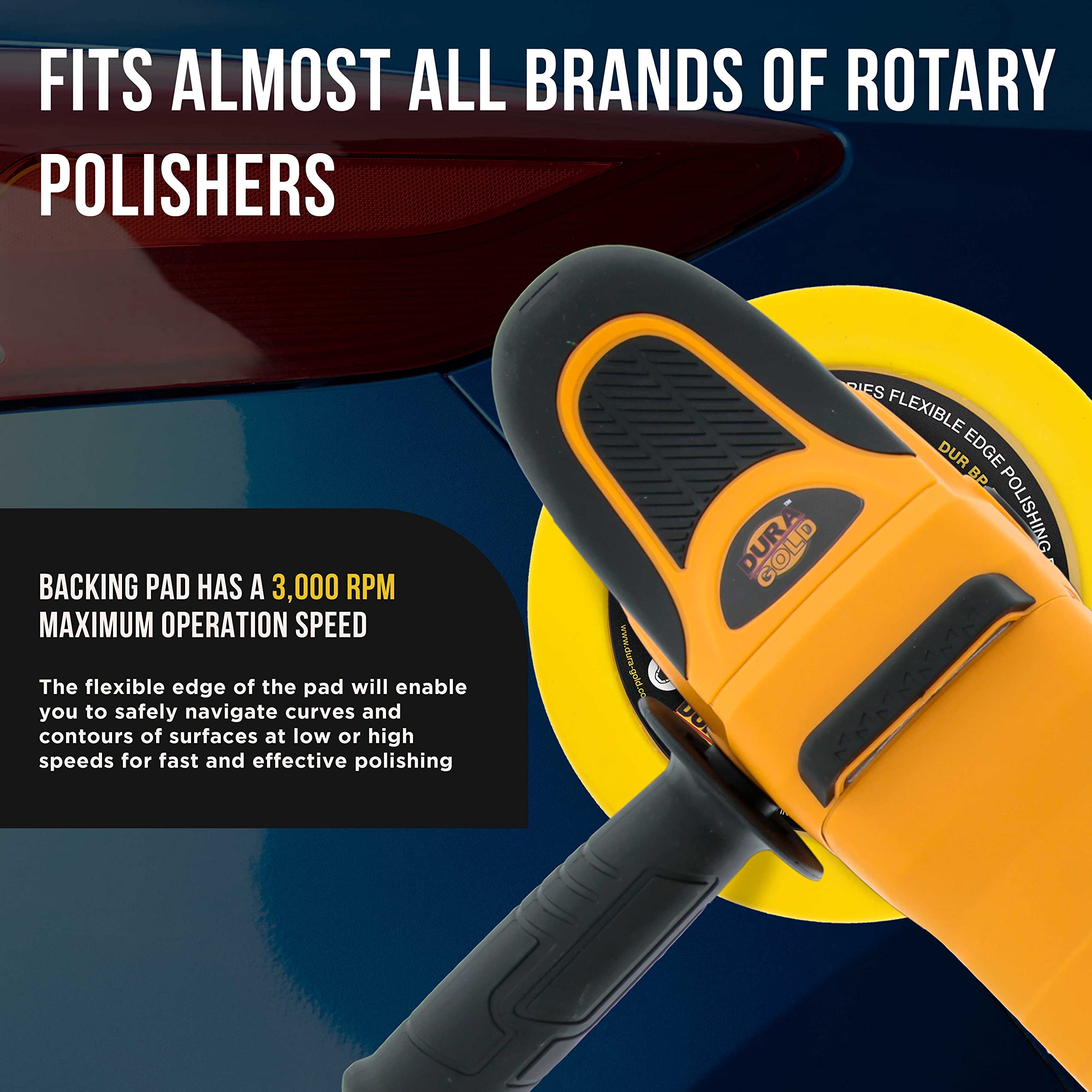 Dura-Gold backing pad mounted on rotary polisher demonstrating flexible edge on curved panel