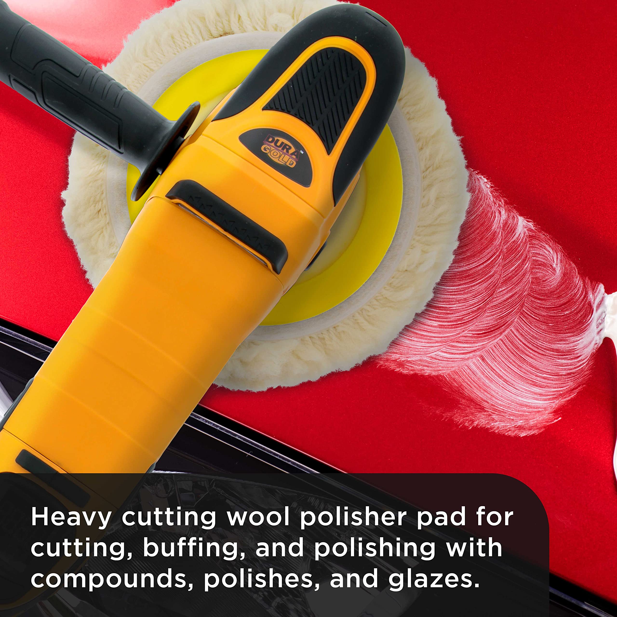 Dura-Gold pad in use on car hood demonstrating aggressive cutting and visible improvement