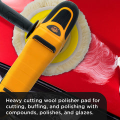 Dura-Gold pad in use on car hood demonstrating aggressive cutting and visible improvement