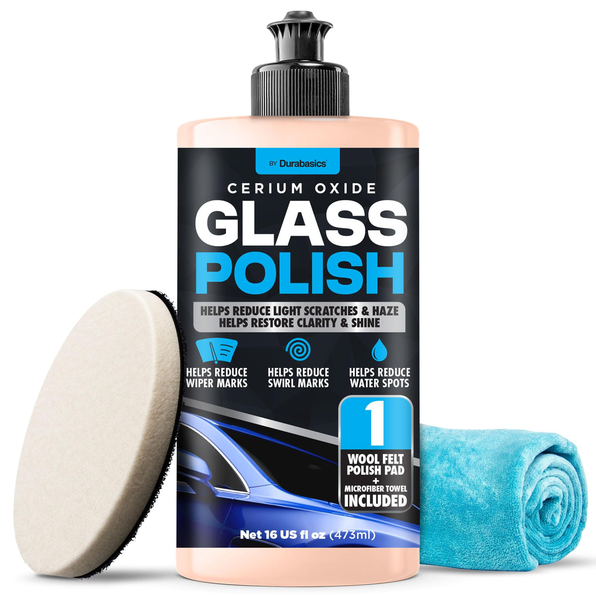 Durabasics front packaging showing product and kit benefits for restoring glass