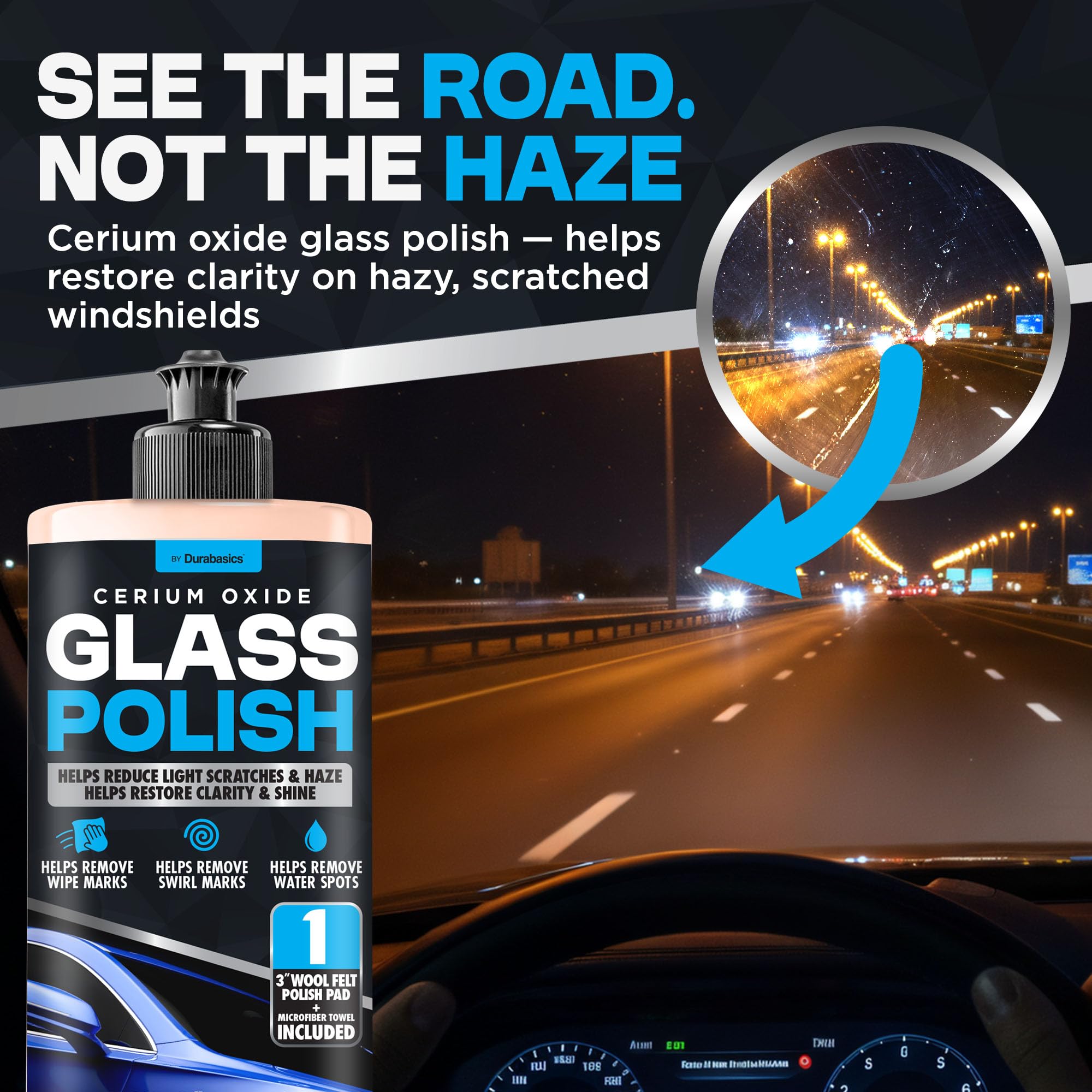 Durabasics kit in use on a windshield with polisher improving clarity