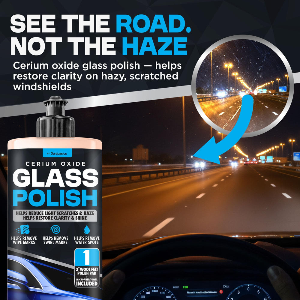 Durabasics kit in use on a windshield with polisher improving clarity