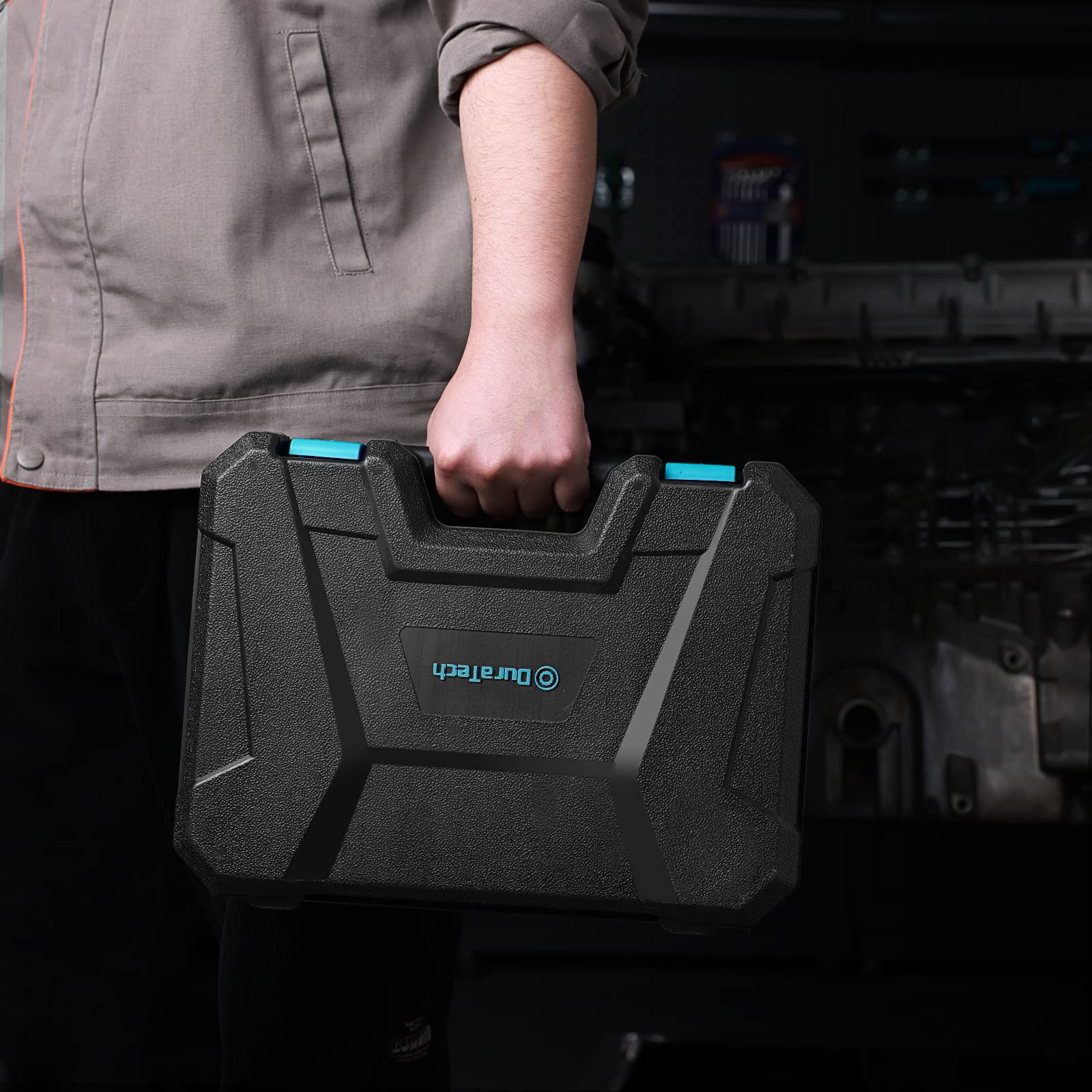 DURATECH carrying case open with tools neatly organized for transport