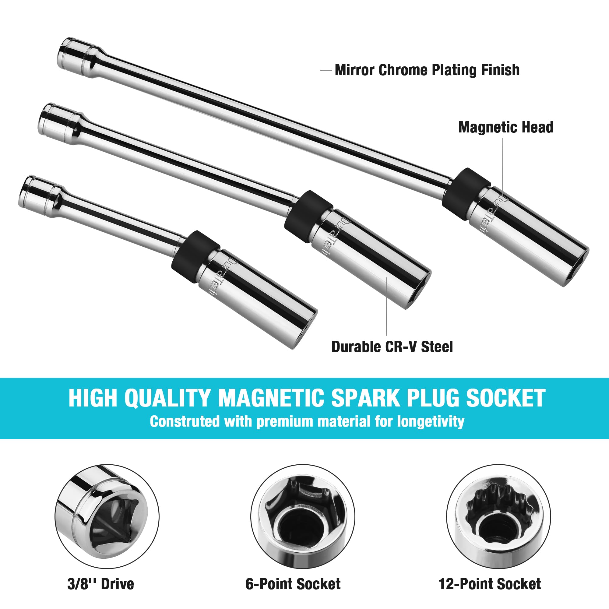 DURATECH close up swivel head demonstrating 360° flex for reaching angled spark plugs