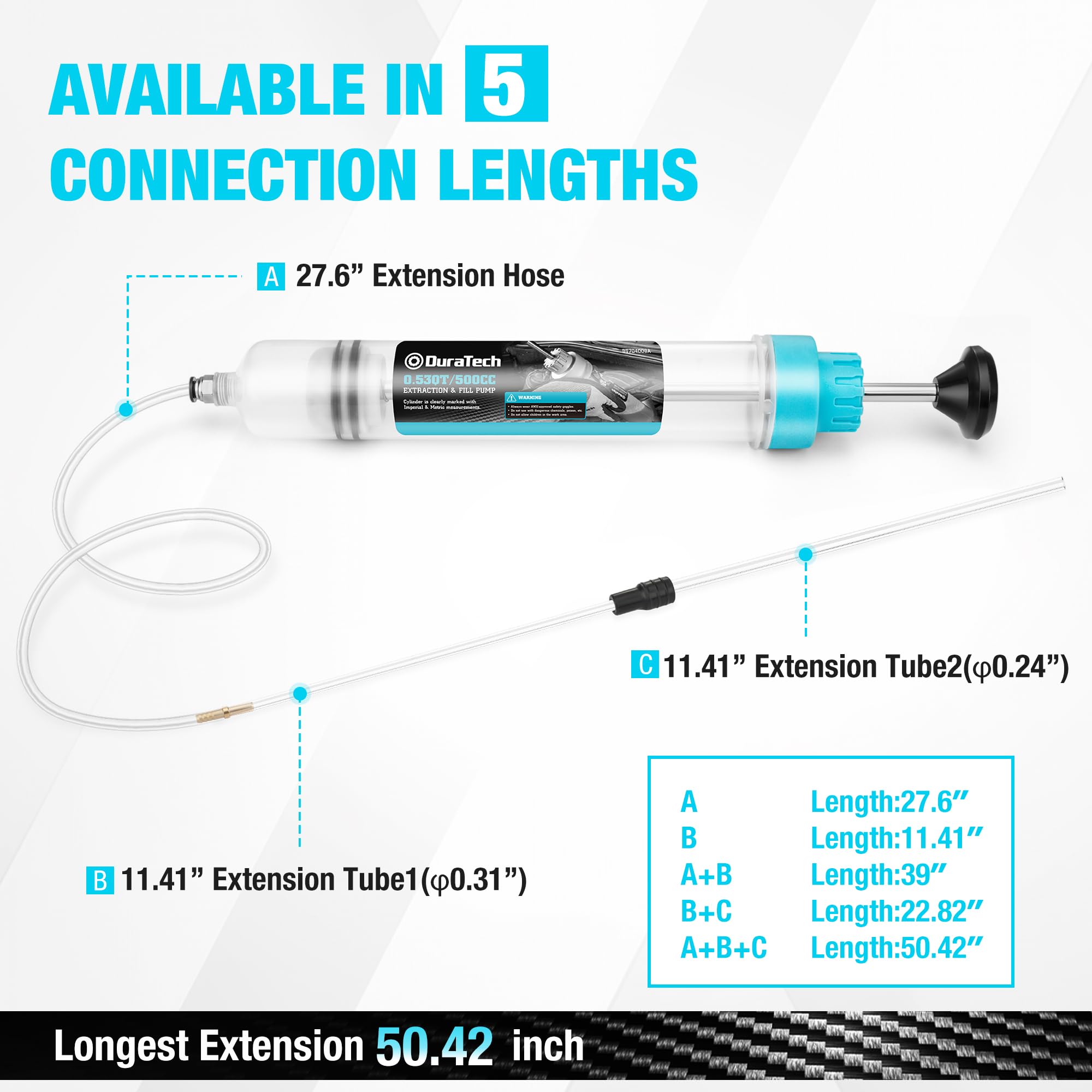 DURATECH extension tubes and long silicone hose displayed for extended reach benefit