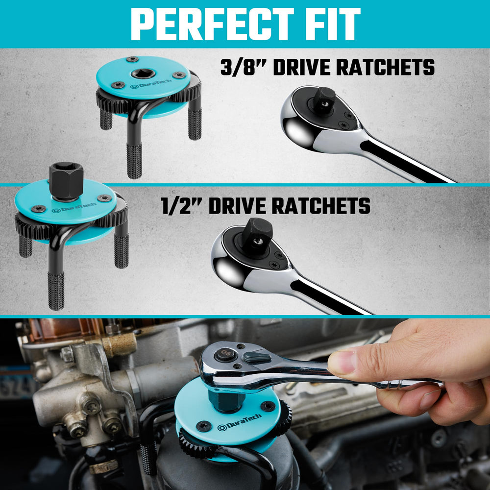 DURATECH wrench removing oil filter under a car hood for tight access