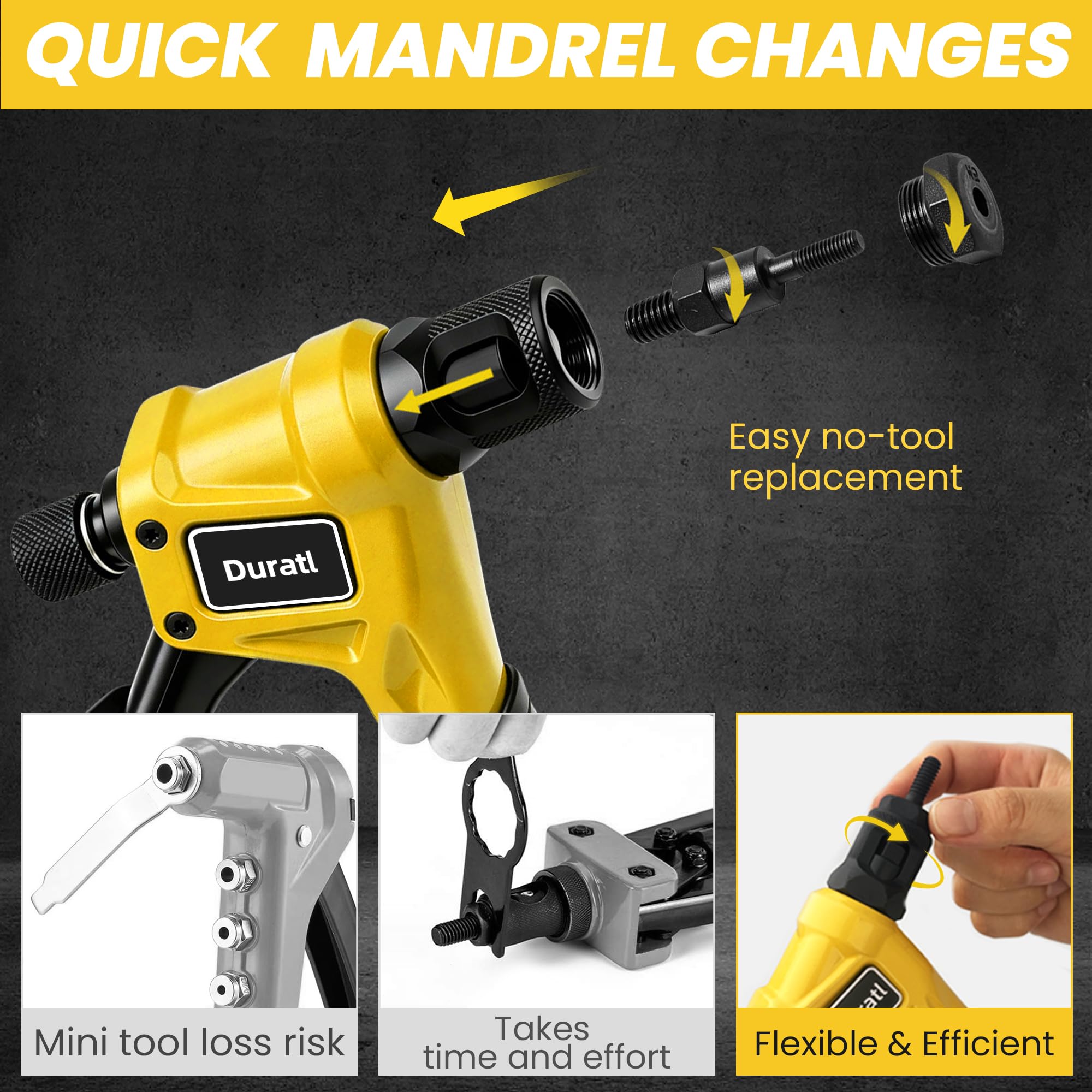 Duratl mandrels and rivet nuts layout showing included sizes and quantity