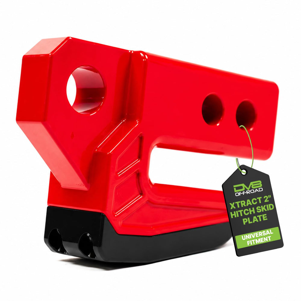 DV8 Offroad front view of red hitch skid showing rear protection benefit