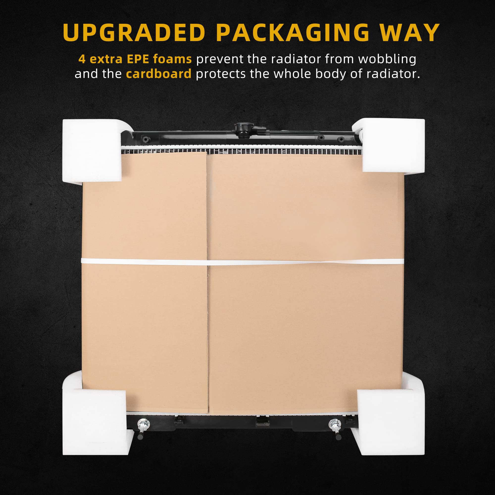 DWVO packaged radiator with manual showing secure shipping benefit