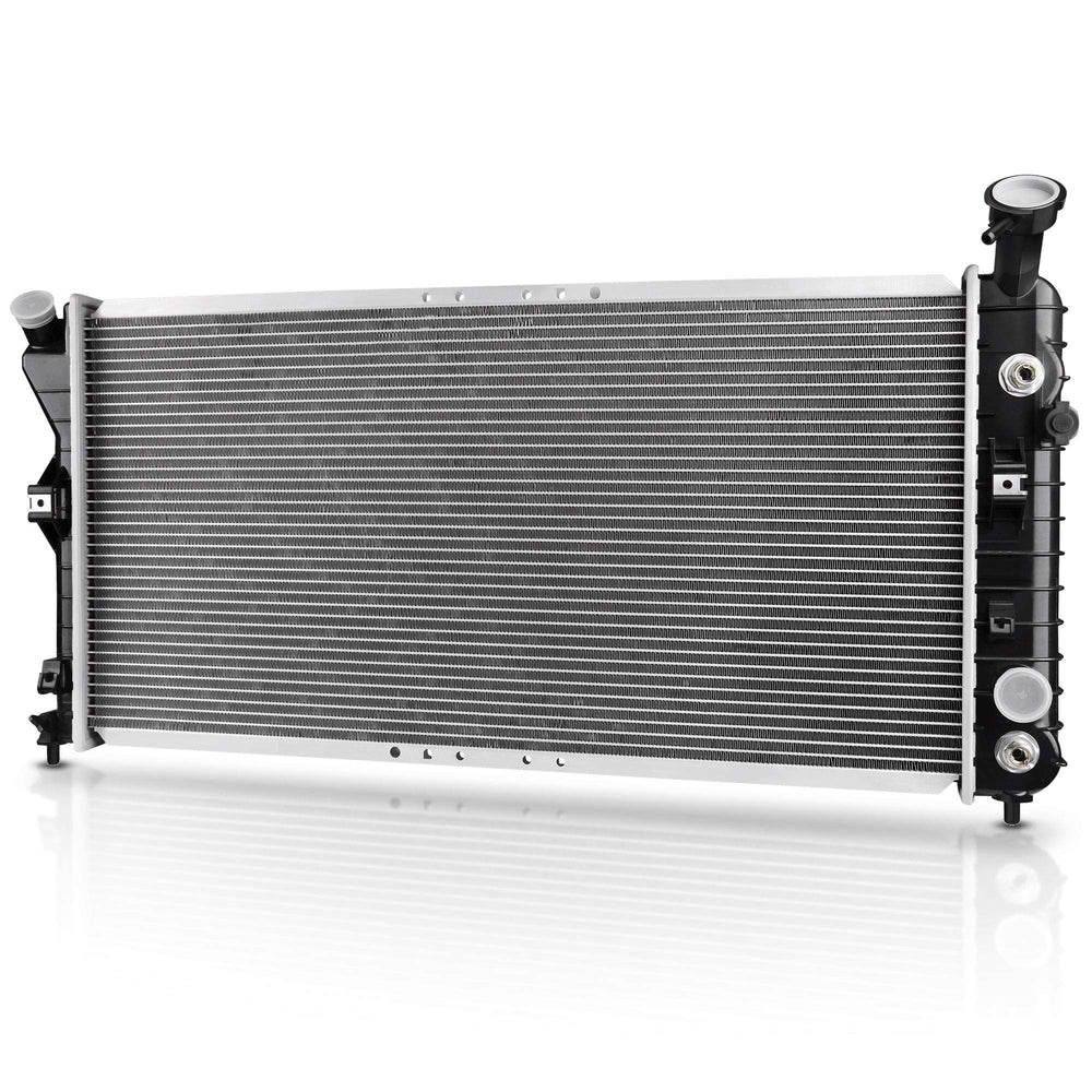 DWVO front radiator assembly showing mounting points and direct-fit benefits