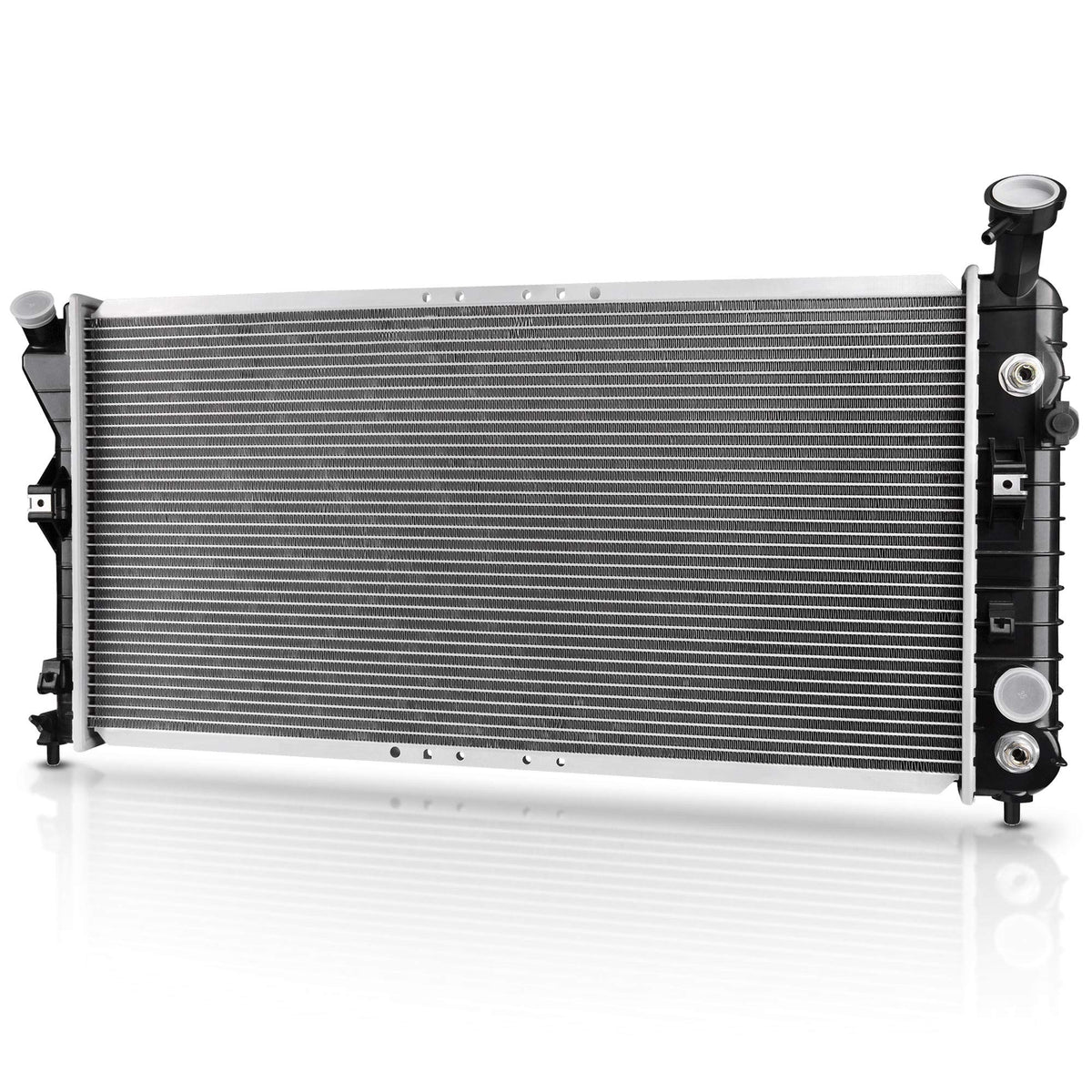 DWVO front radiator assembly showing mounting points and direct-fit benefits
