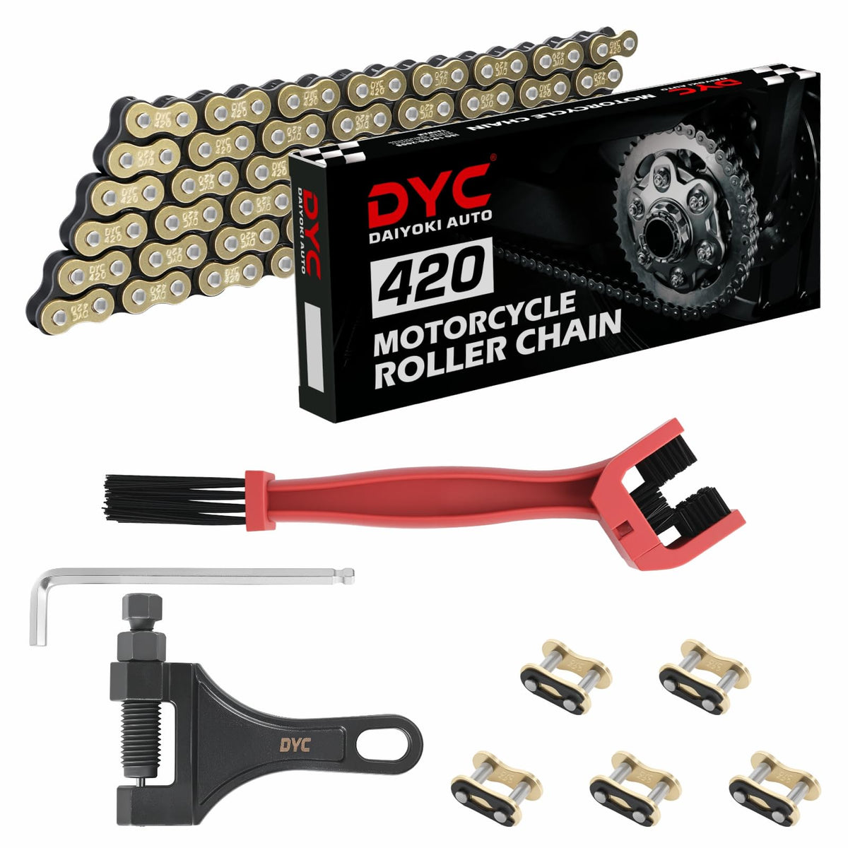DYC 420 chain kit front view showing gold black finish and included tools