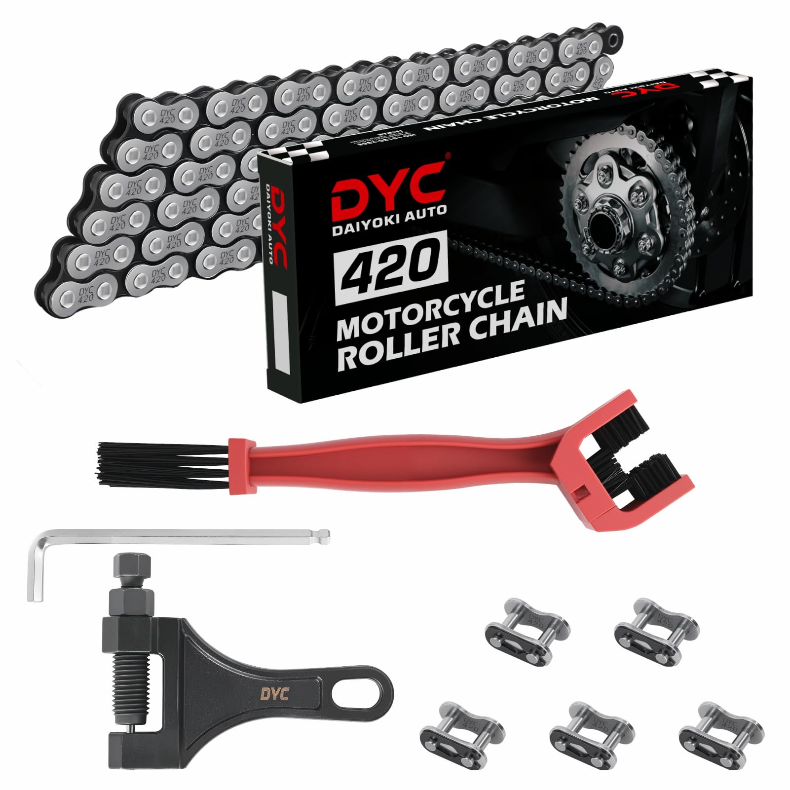 DYC DAIYOKI front packaging showing full 420 chain kit and contents for quick install