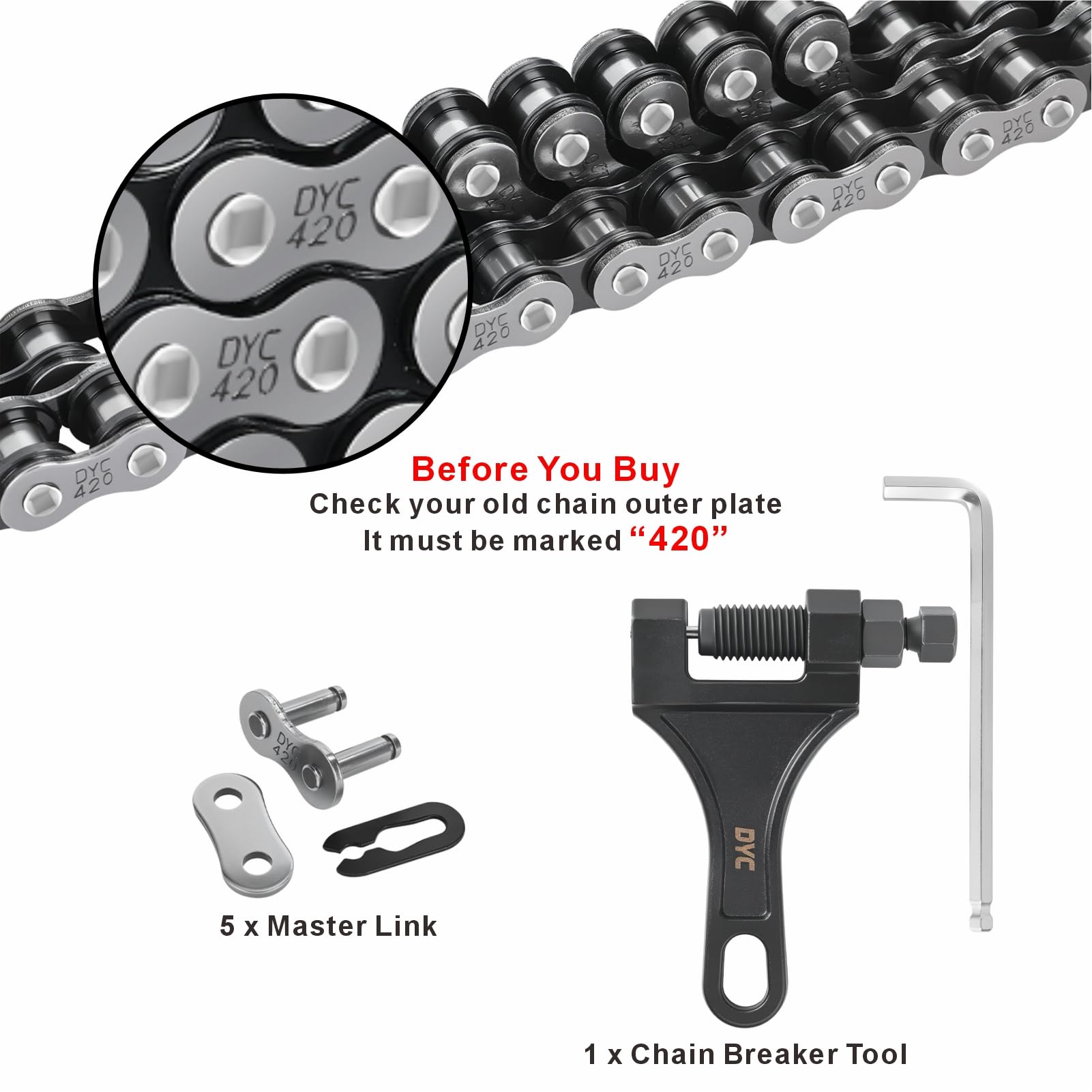 DYCTAHO chain master links and included chain breaker tool for quick repairs