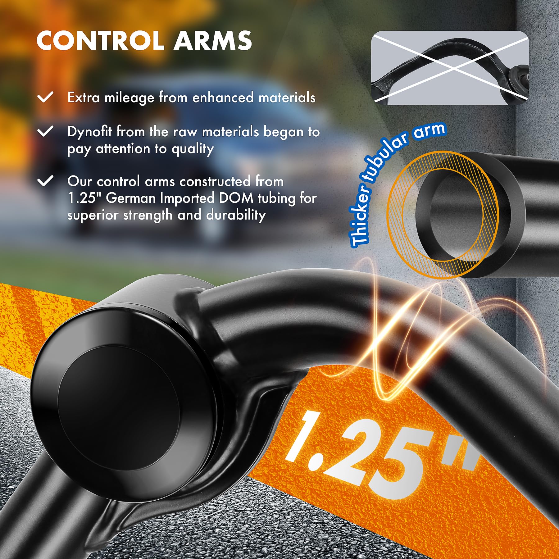 dynofit control arm installed on truck front end, demonstrating fitment and improved alignment