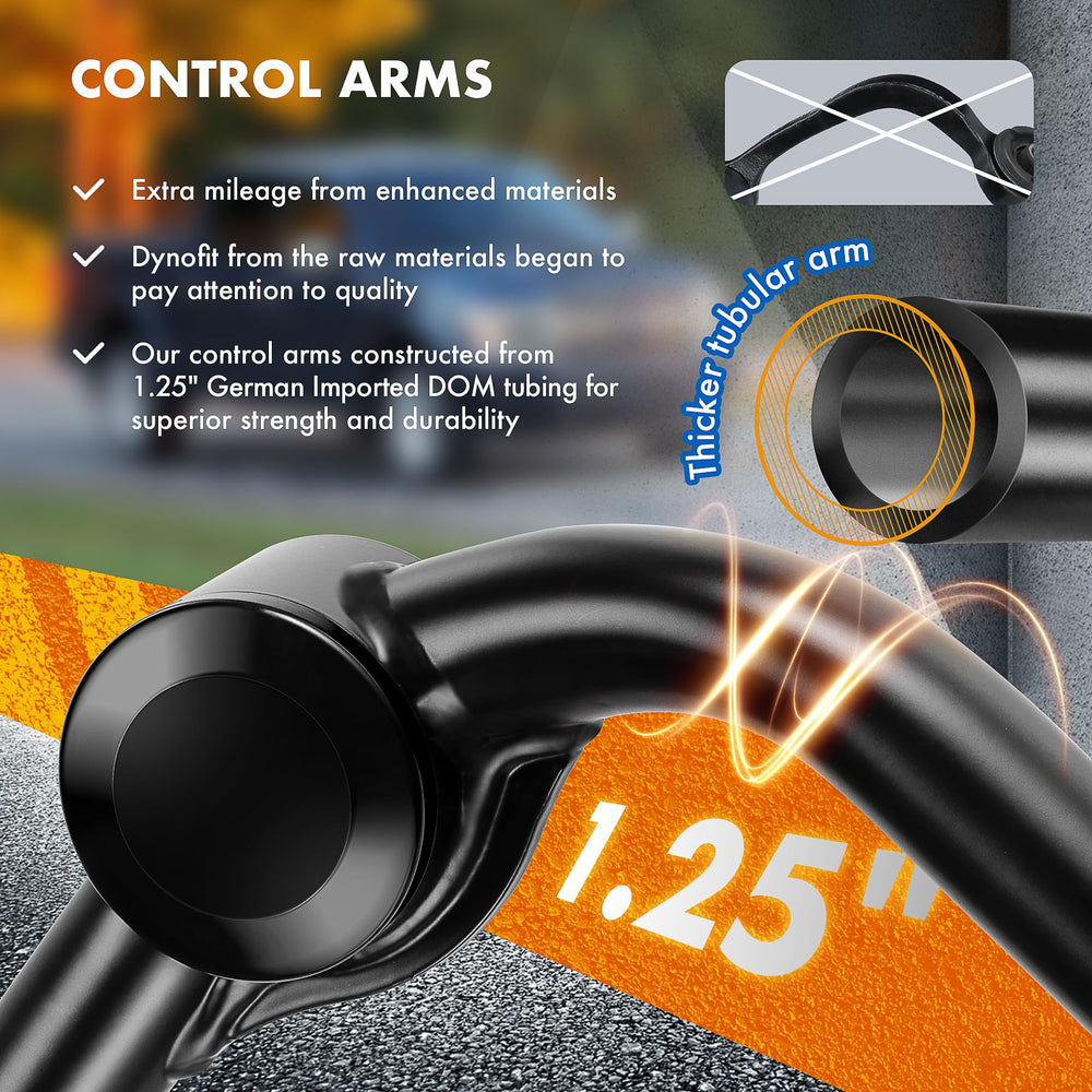 dynofit control arm installed on truck front end, demonstrating fitment and improved alignment