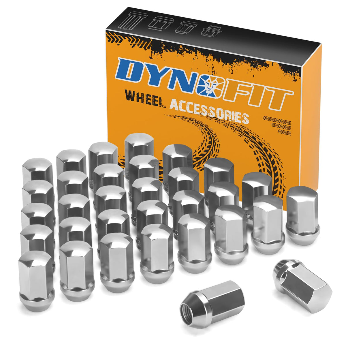 dynofit chrome lug nuts front packaging showing 32-piece set and fitment, durable replacement