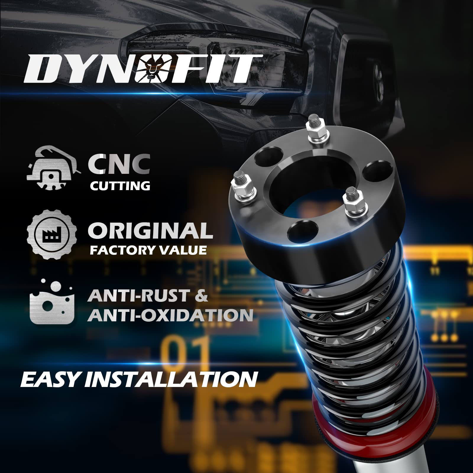 Dynofit installed front view on Silverado demonstrating lifted stance benefit