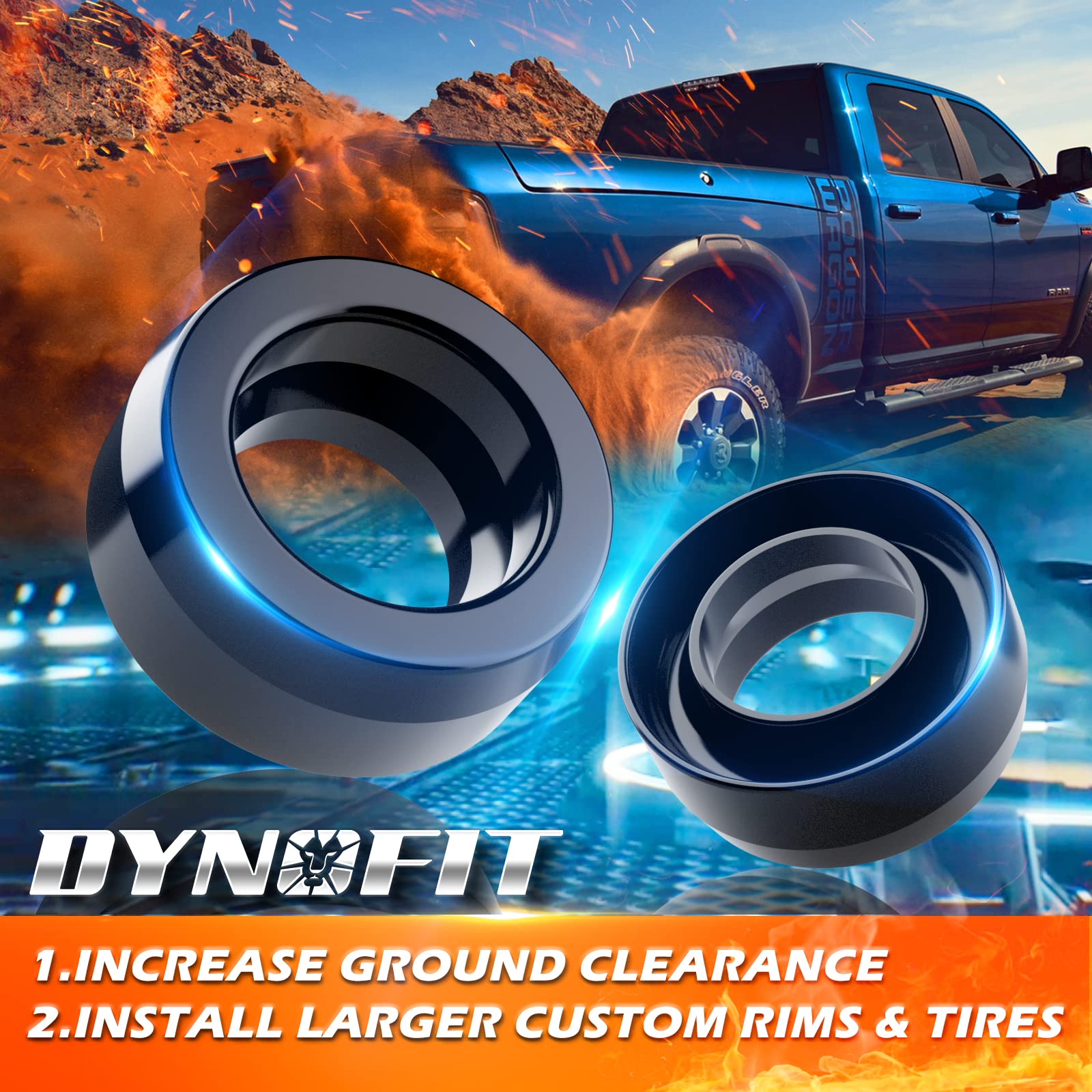 dynofit installed on Ram front view demonstrating leveled stance and improved clearance benefit