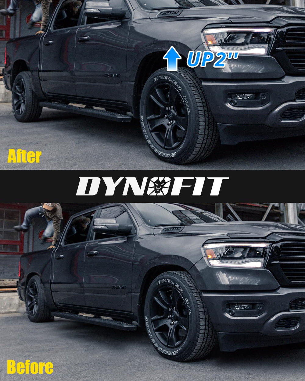 dynofit truck on dirt road lifestyle showing enhanced ground clearance and rugged look