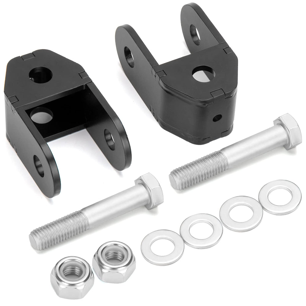 dynofit front view of rear shock extenders showing bracket shape and mounting holes