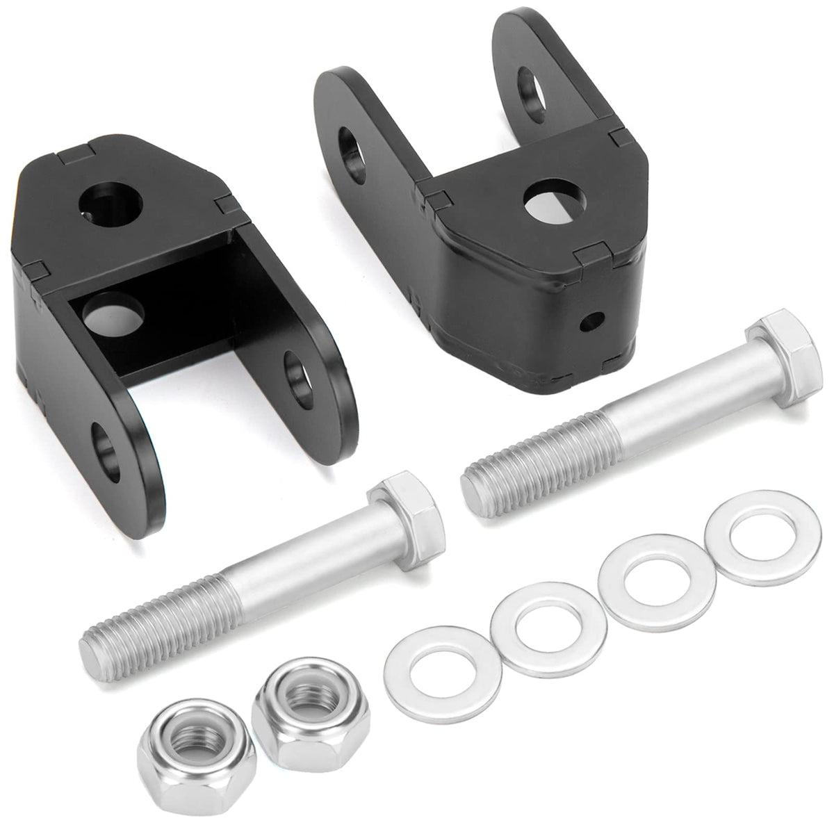 dynofit front view of rear shock extenders showing bracket shape and mounting holes