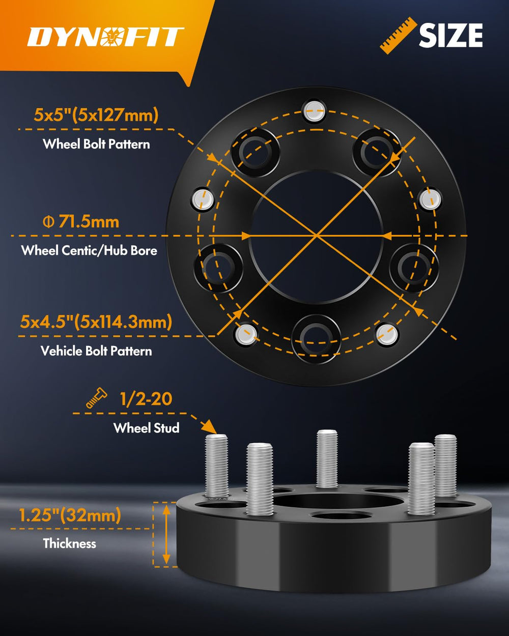 dynofit side profile highlighting 1.25 inch thickness for added tire clearance
