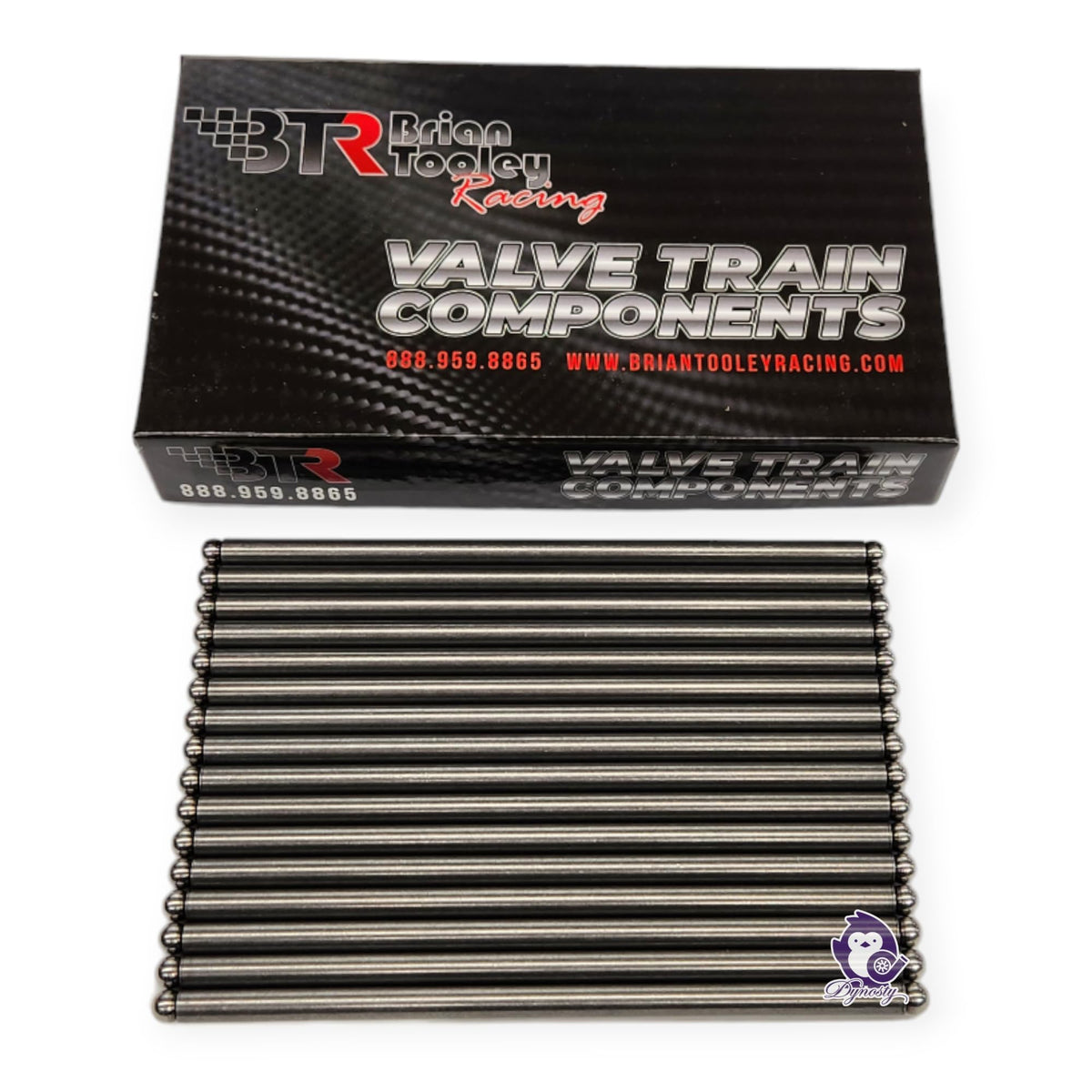 Dynosty BTR front packaging showing set of 16 pushrods and fitment details for quick identification and correct purchase