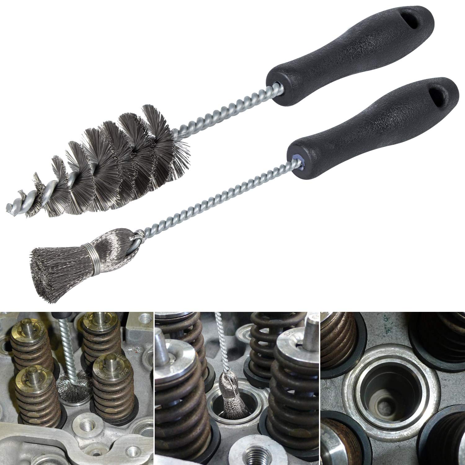 E-cowlboy front view of two stainless-steel injector brushes showing kit benefits