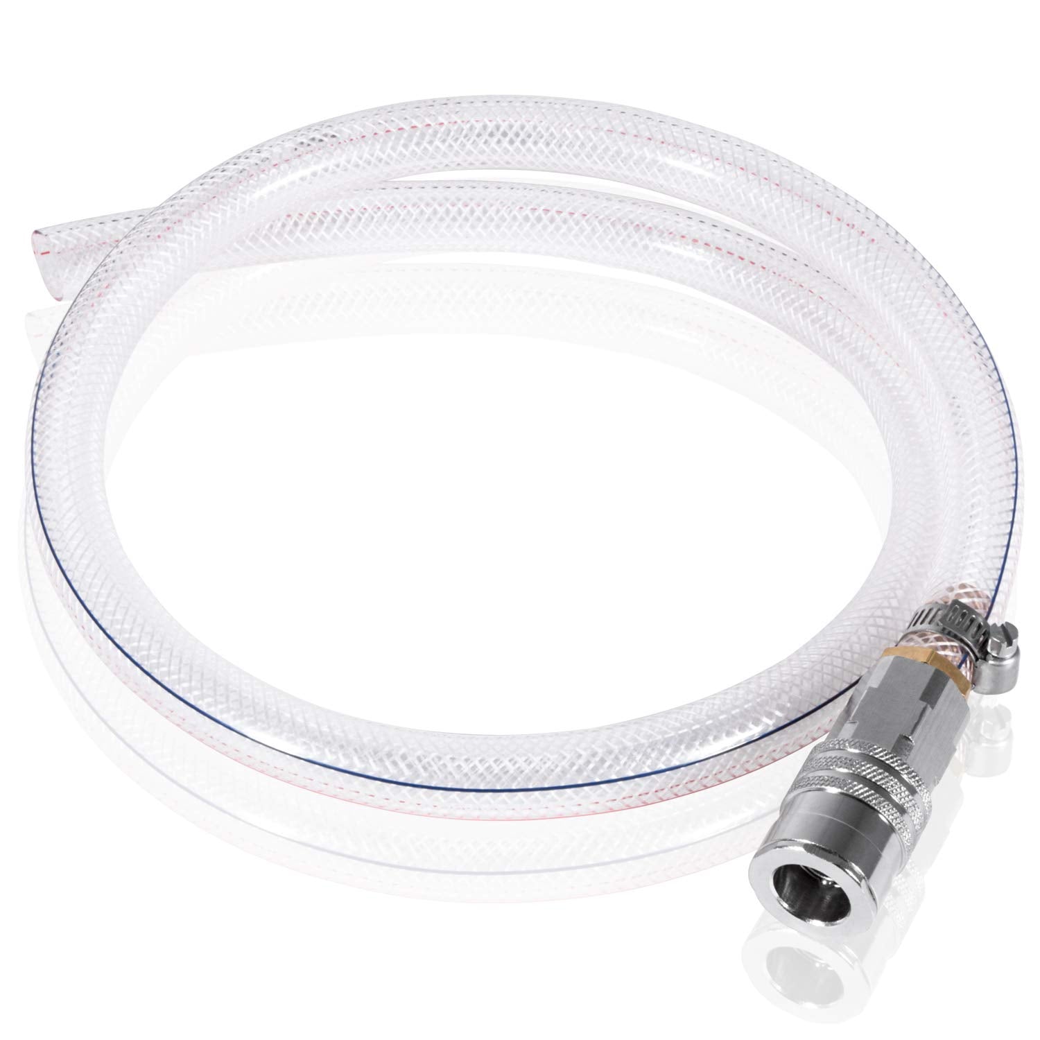 E-cowlboy front view of drain hose showing coupler and length for quick replacement