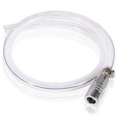E-cowlboy front view of drain hose showing coupler and length for quick replacement