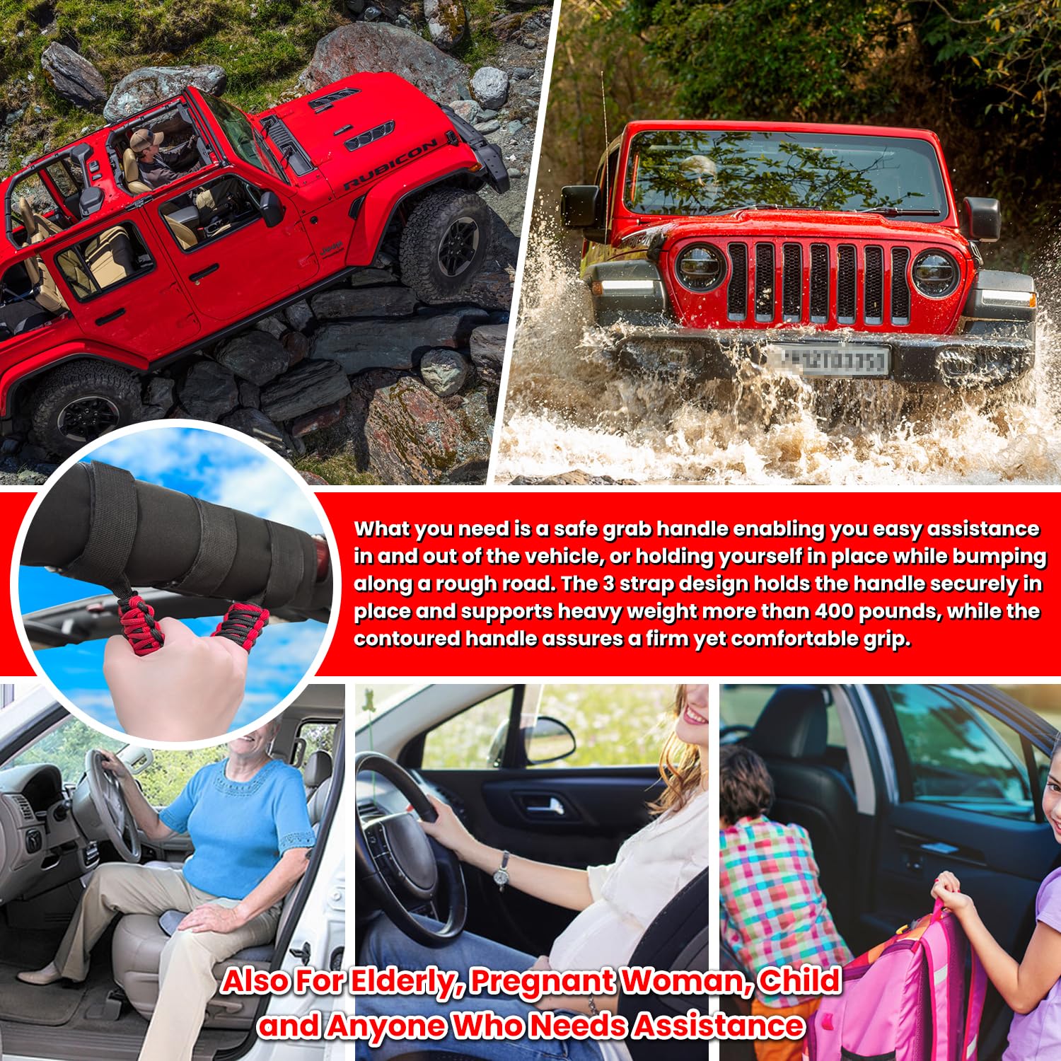 E-cowlboy grab handle installed on Jeep roll bar showing easy tool-free fit