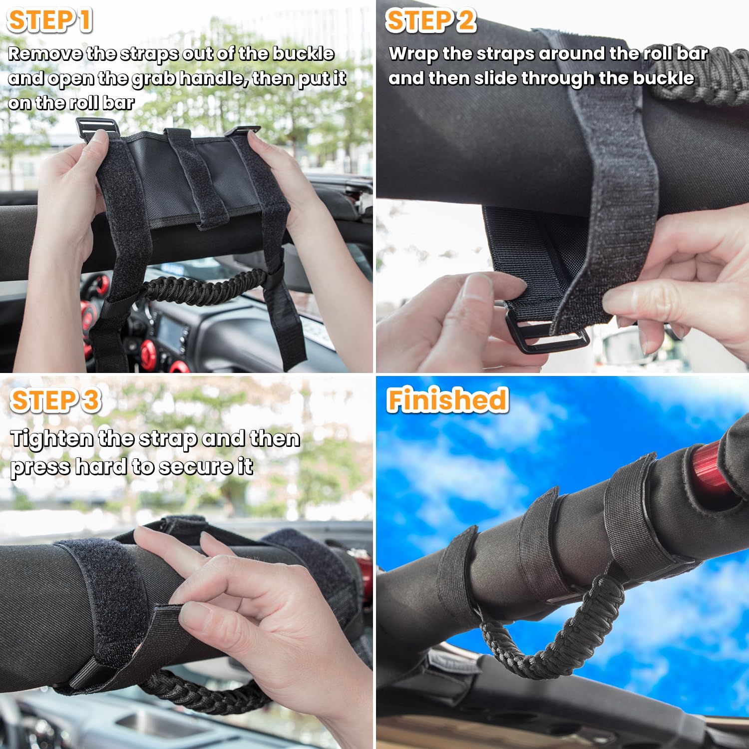 E-cowlboy passenger holding handle inside Jeep for stable ride comfort
