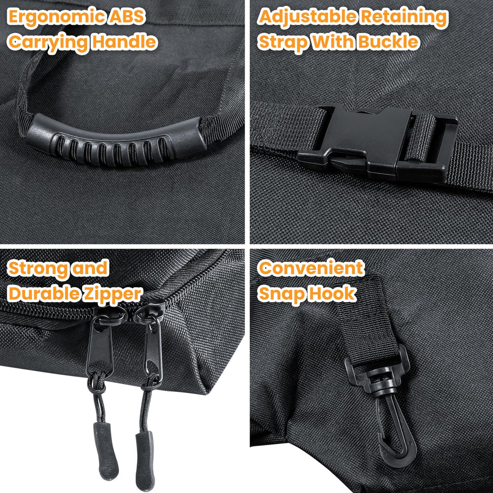 E-cowlboy straps looped around headrests to keep cargo space usable