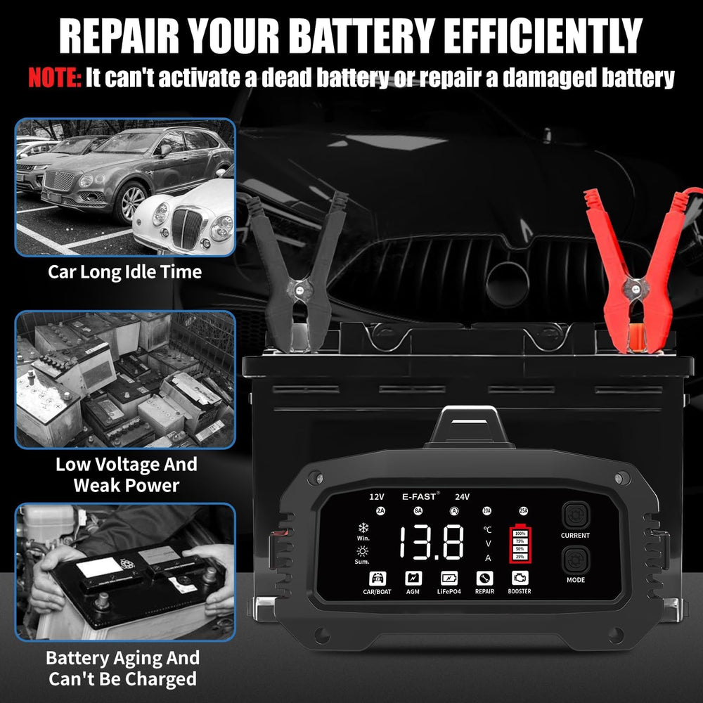 E-FAST clamps attached to a vehicle battery demonstrating safe connection and start help