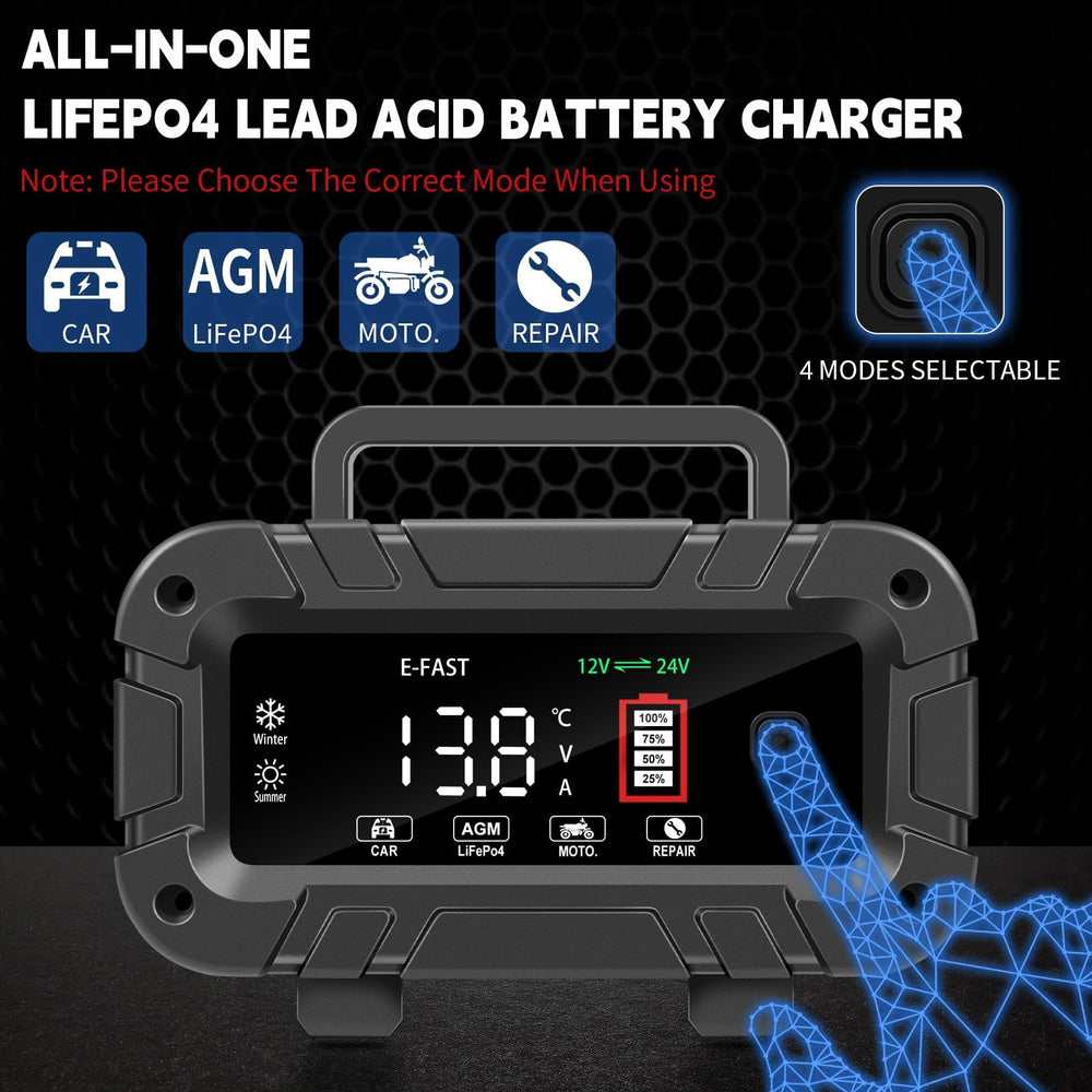 E-FAST LCD display showing charge mode and status for clear monitoring benefit
