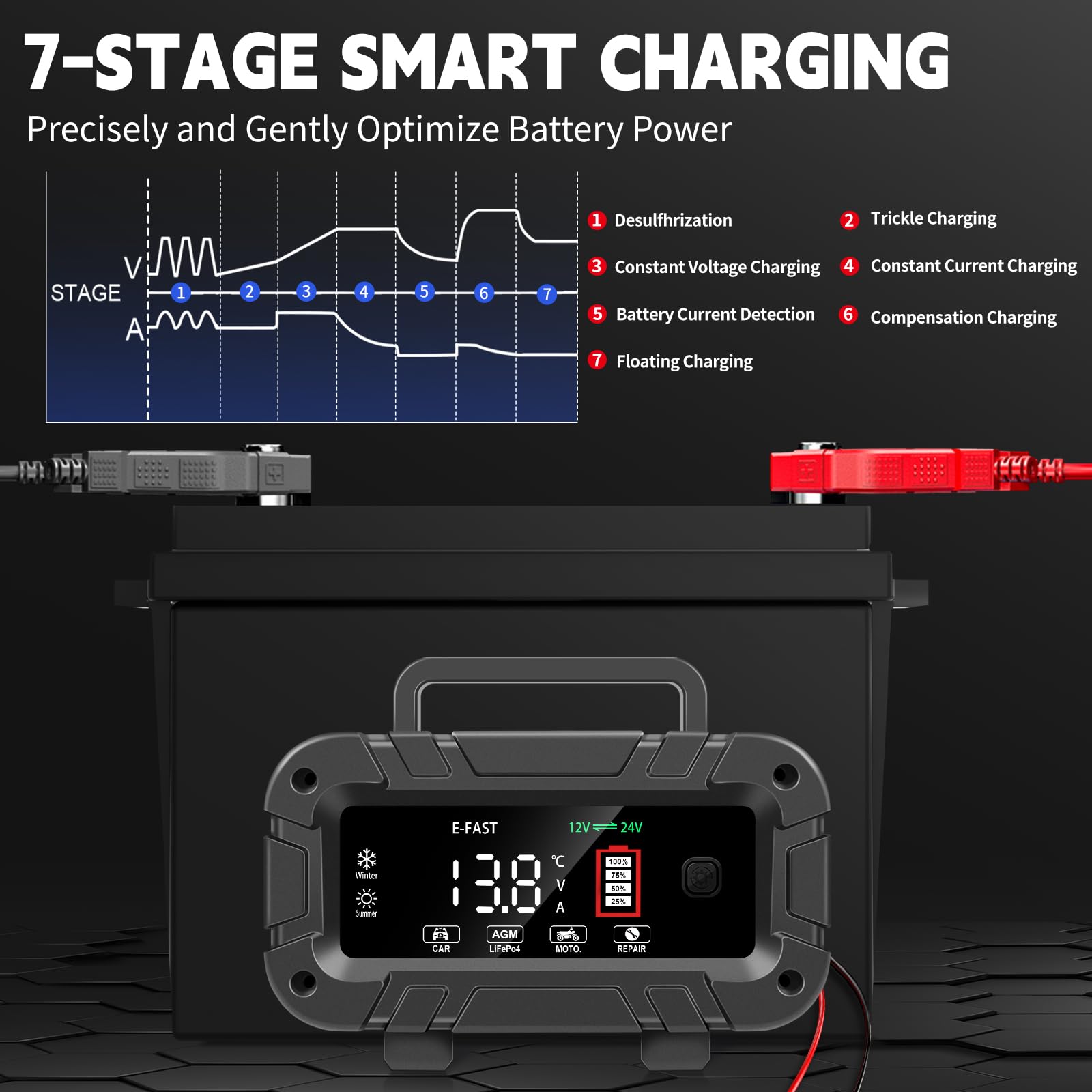 E-FAST illuminated repair mode indicator showing desulfation function benefit