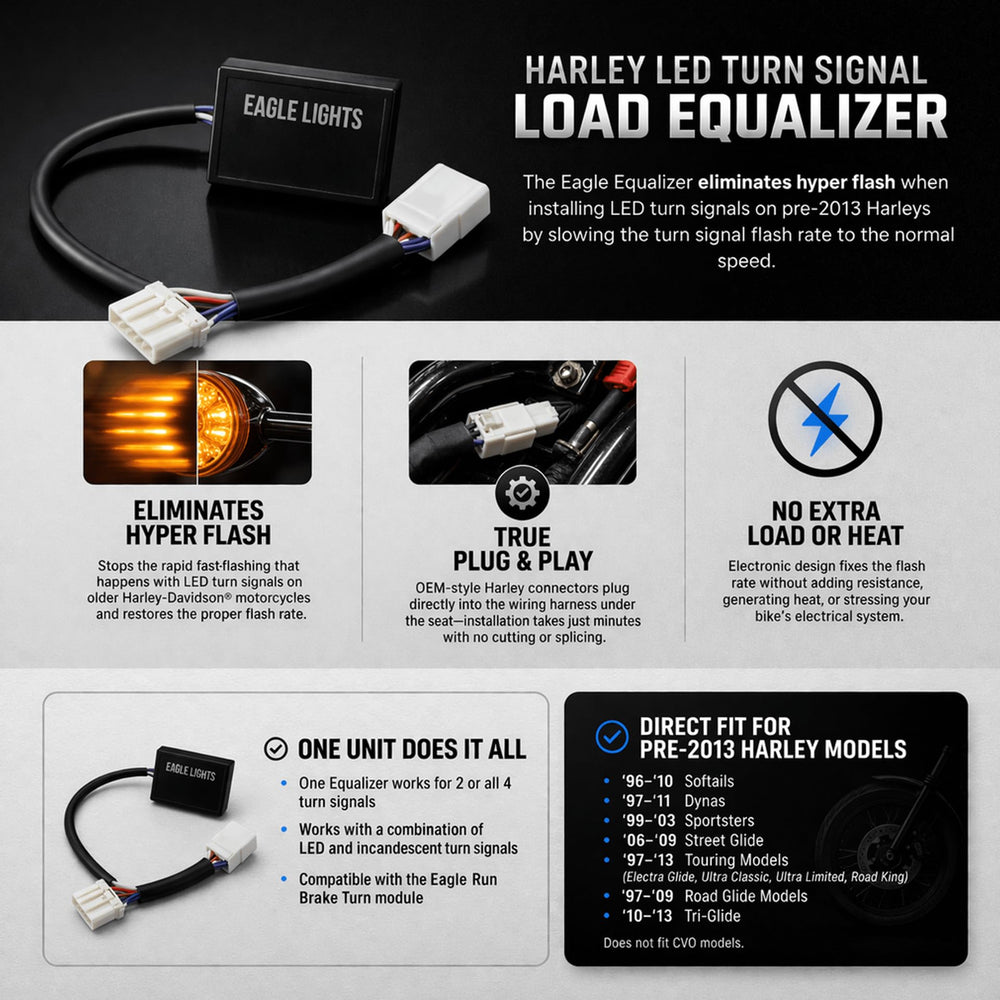 Eagle Lights equalizer OEM-style connectors ready to plug into Harley harness