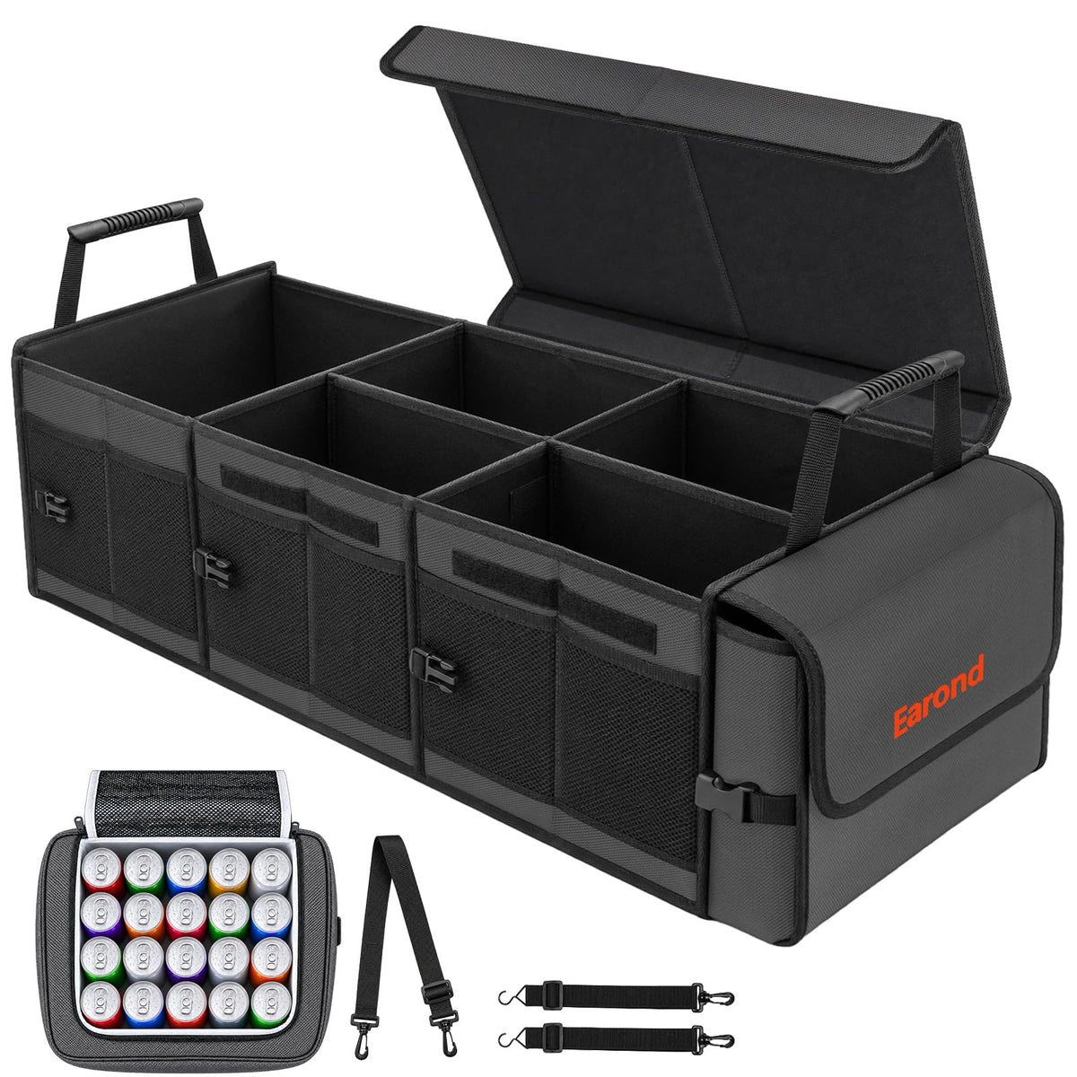 EAROND front view open showing compartments and cooler for organized cargo