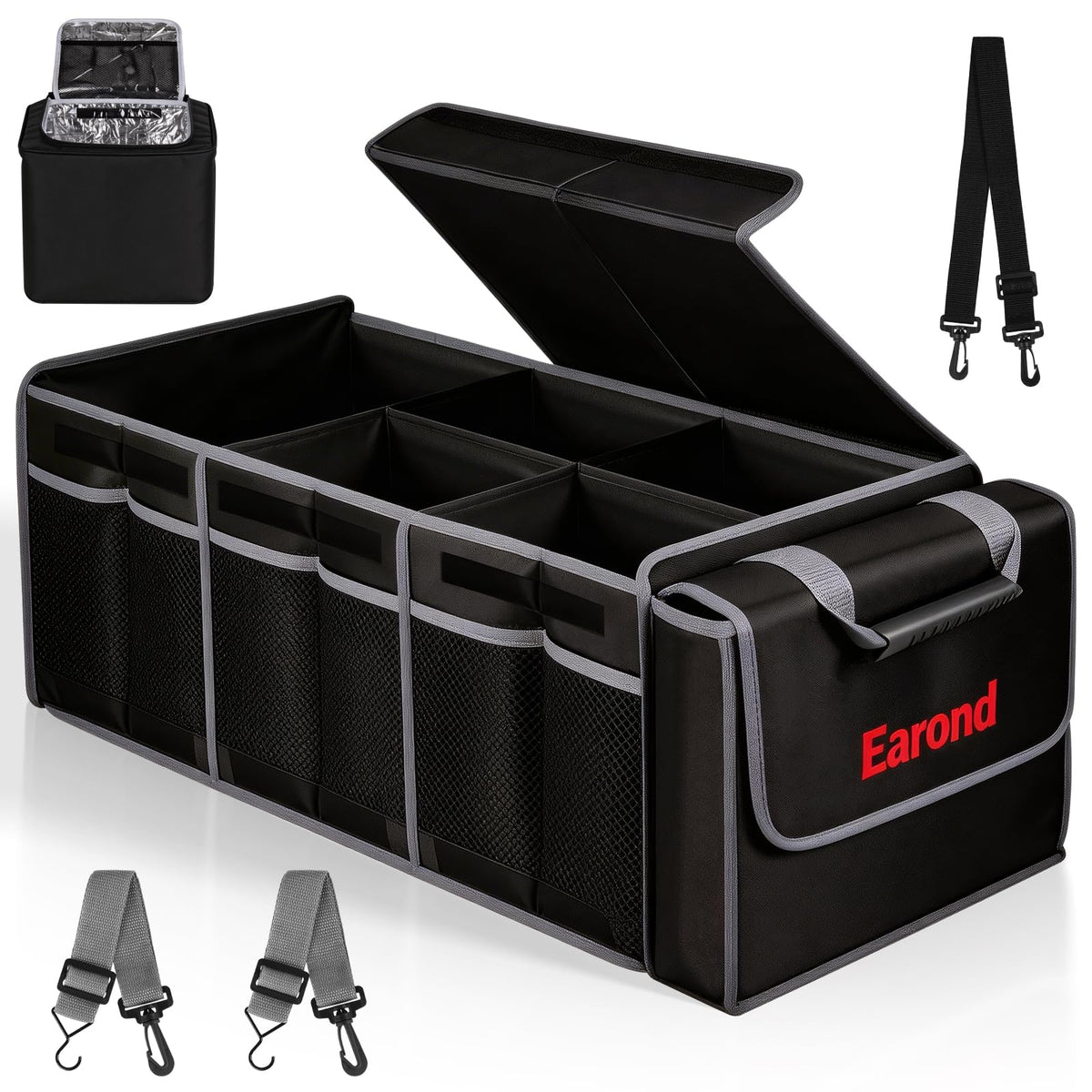 EAROND front view of trunk organizer showing neat compartments and durable fabric benefit: organized storage
