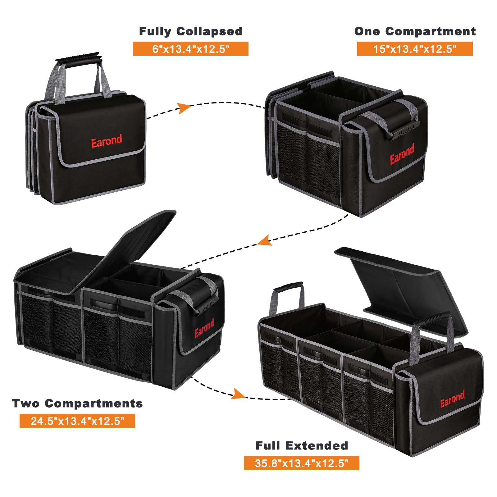 EAROND organizer strapped into trunk showing anti-slip securing straps benefit: stable during driving