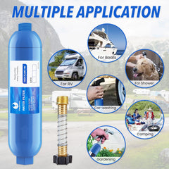 EauSerene filter installed on RV spigot during hookup, provides cleaner tasting water