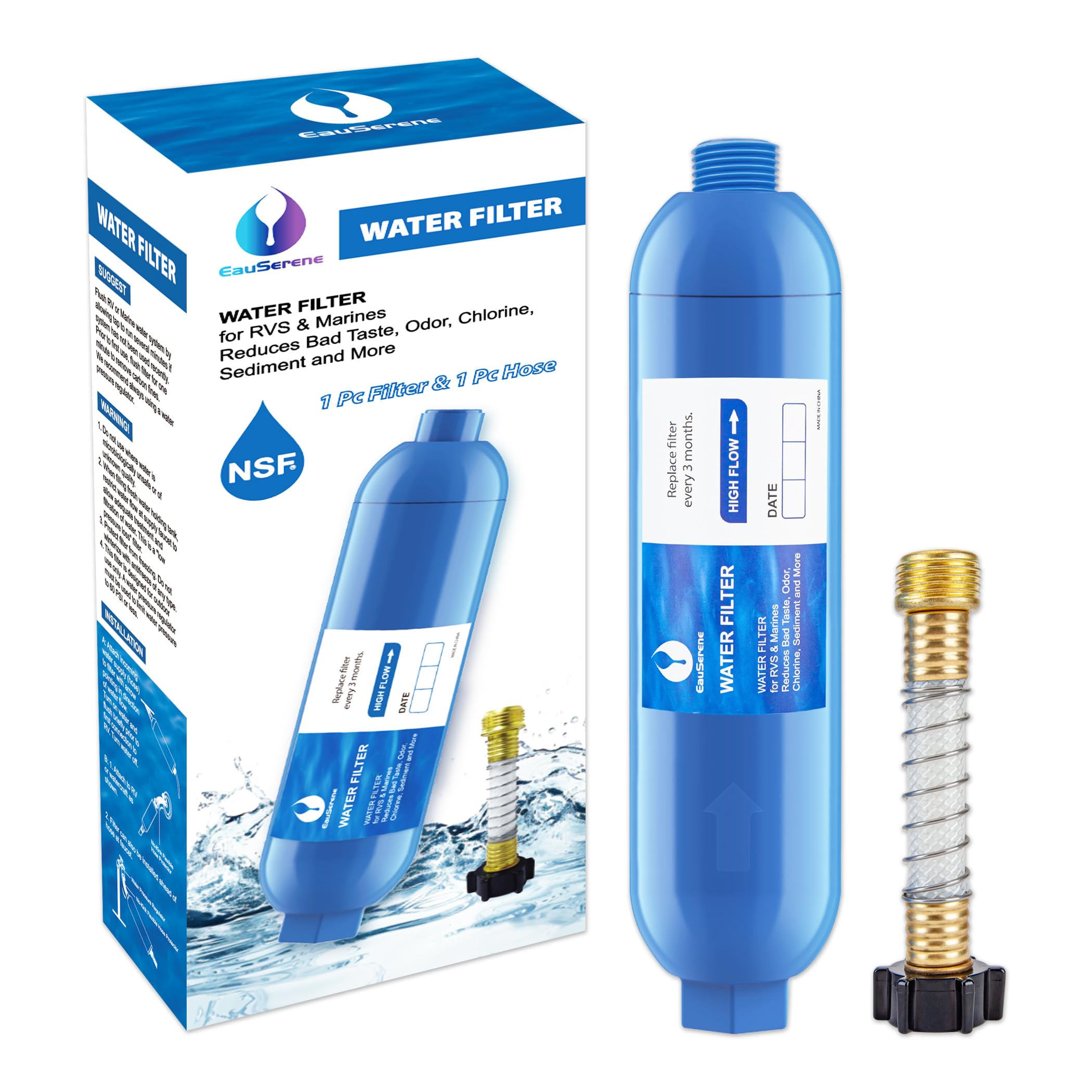 EauSerene front view of RV filter kit showing compact housing and hose, improves taste